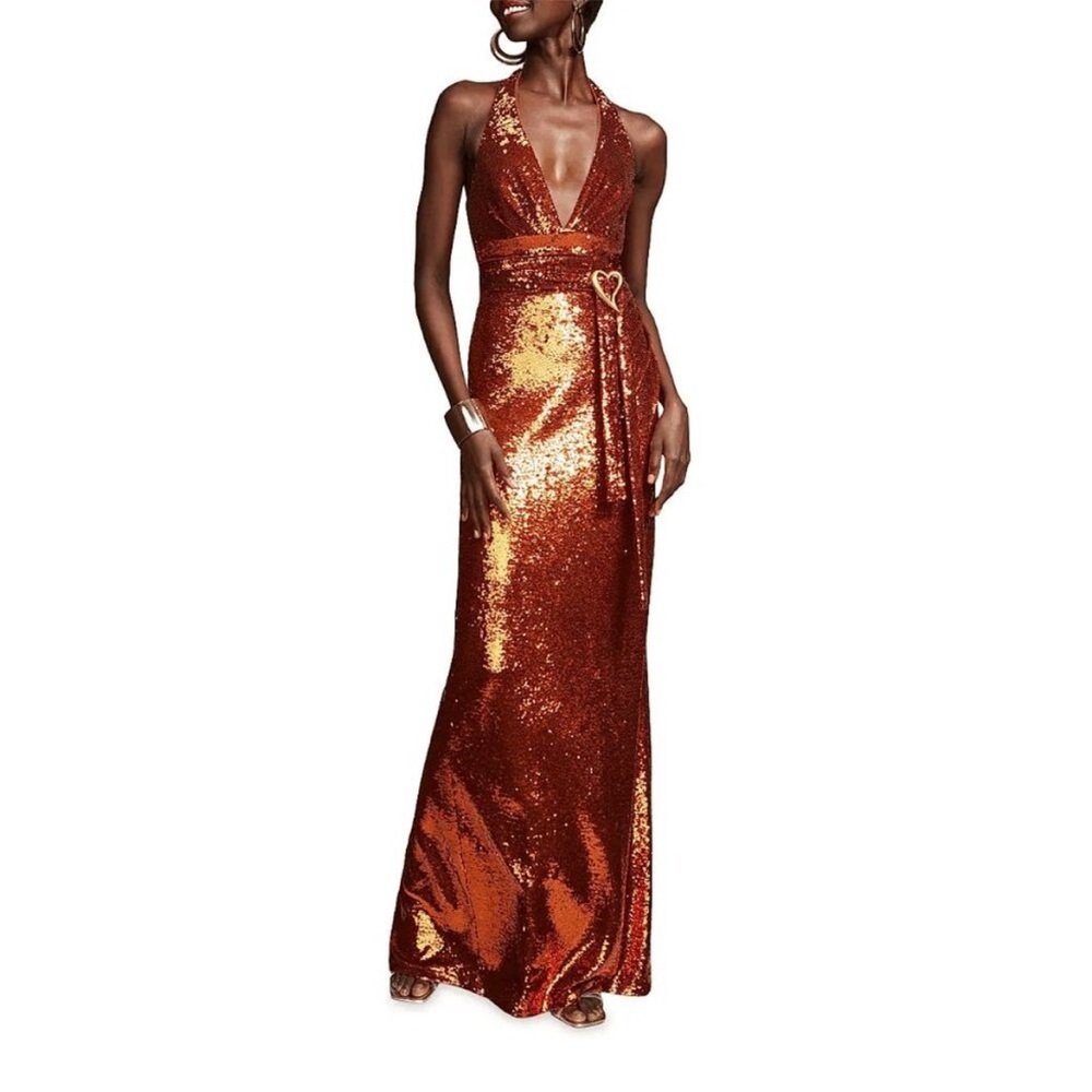 NWT Halston Copper Sequin Halter V Gown Dress Heart Buckle Sleeveless Size 14 - Picture 4 of 13